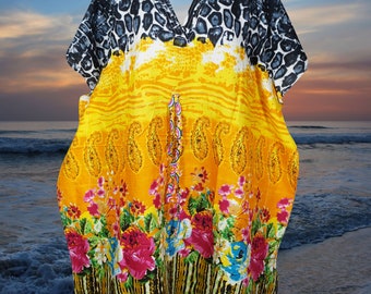 Womens Cotton Short Kaftan, Yellow Gray Print Short Beach Cover up ,Caftan Dress  Resort wear, Handmade, Fall Boho Travel Kimono S/M