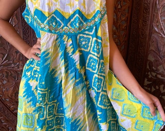 Womens Tunic Dress Green BLue Tie Dye Floral Style Summer Handmade Boho Kurti S