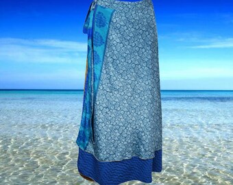 Womens Recycled Sari Wrap Skirt, Magic Wrap Skirt, Blue Floral Double Layers Wrap Skirts, Travel Fashion, Gift, Handmade Skirt, One size