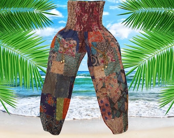 Womans Boho Pant, Trendy Hippie Pants, Patchwork Gypsy Recycle Cotton Trousers, Green Loose Baggy Handmade S/M/L