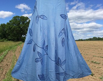 Women Blue Maxi Skirt, Leaves Print Feminine Long Fairy Skirts, Boho Skirt  , Handmade, Hippe, Midi Skirts S/M/L
