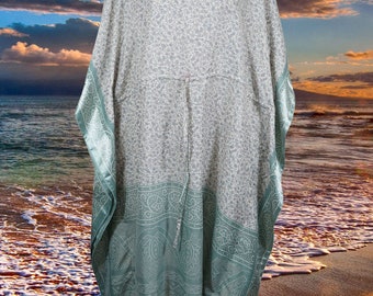 Women Boho Beach Kaftan, Off White, Gray ,Caftan, Floral Silk Kaftan, housedress, Beach Coverup, Summer Caftan, Resort, Cruise Caftan L-2X