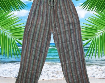 Unisex Yoga Pant, Boho Chic Cotton Pants, Grey Stripe Stonewashed Elastic Waist Comfy Pants With Pockets S/M
