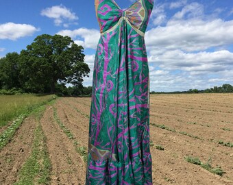 Womens Summer Maxi Dress, Halter Dresses, Green Summer Flare Swing Boho Beach Maxi Dress, Strap Dress, Recycle Sari Handmade Dresses ml