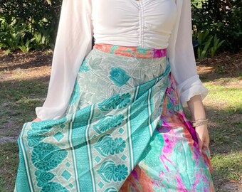 Womens Beach Wrap Skirt, 2 Layer Skirts, Blue Floral Printed Sari Skirt, Resort Wear, gift, Reversible Wrap Skirts One Size