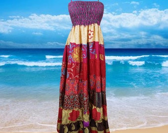 Bohemian Maxi Dress, Spaghetti Strap Purple Red Printed Handmade Dress, Empire Waist Beach Style Sundress S/M