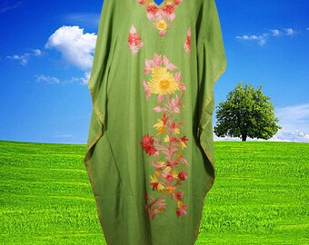 Women's Kaftan Maxi Dress, Handmade Gift, Fern Green Beach Holidays Caftan, Lounger, Cotton Embroidered Caftans, One size L-2XL