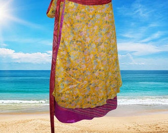 Womens Recycled Sari Wrap Skirt, Magic Wrap Skirt, Orange Floral Layers Wrap Skirts, Travel Fashion, Gift, Bohemian Clothing One size
