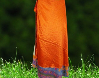 Beach Wrap Skirt, Orange Printed Silk sari wrap skirt, Retro Skirt, Summer Skirt, Sari Wrap Skirt, Wrap Skirt for Women, One size