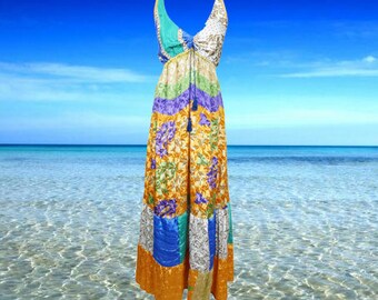 Womens Fall Maxi Dresses, Deep V Shimmering Orange Recycled Silk Dress, Strapdress, Boho Hippy Stylish Summer Travel Dress ML