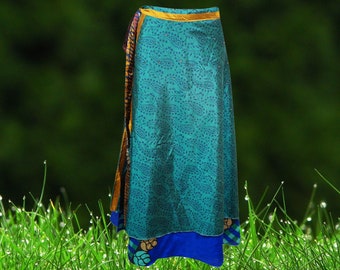 Womens Wrap Skirt, Handmade Clothing, Long Blue Floral Skirt, Beach Silk Sari Magic Wrap Around Skirts, Reversible Wrap Skirt One Size