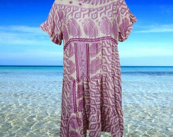Lavender Paisley Short Dress, Recycle Silk, Beach, Summer Short Dresses for women - Flowy Shift Dresses, Daydress, M