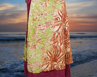 Women's Green Purple Reversible Wrap Skirt, Boho Silk Sari Wrap Around Skirts, Printed Summer Beach Cover Up Magic Wrap Skirts One size