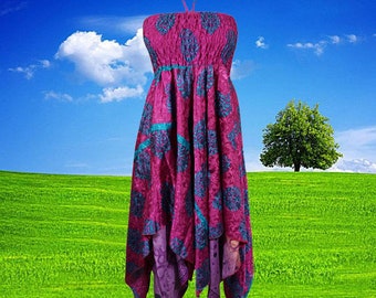 Women's Floral Halter Dress, Blue Pink Bohemian Recycled Summer Travel 2 Layer Beach Handmade Sundress S/M