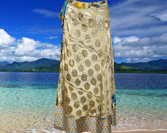 Wrap Long Skirt, Beige Printed Silk sari wrap skirt, Beach Skirt, Bohemian Skirt, Sari Wrap Skirt, Wrap Skirt for Women, One size
