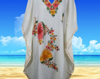 Kaftan For Womens, Snow White Short Dress, Gift For Her, Cotton Embroidered Dresses  Floral Caftan Party Wear Crepe Boho Kaftan, L-2X