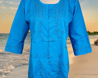 Womens Blue Cotton Tunic, Chikankari Embroidery Cotton Tunic, Handmade Blouse, Summer Tunic Bohemian Clothing, Shirt, Indi Boho Fashion L