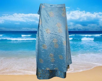Womens Recycled Sari maxi Wrap Skirt, Floral Double Layers Blue Wrap Skirts, Magic Wrap Skirt, Gift, Handmade, Travel Fashion, One size