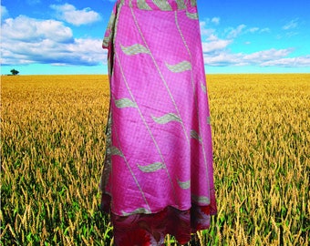 Womens Wrap Long Skirt, Pink Printed, Comfy Sari Two Layer Reversible Boho Skirts, Magic Wrap Around Skirts, Travel Skirts One size