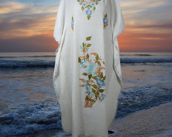 Women's Travel Maxi Kaftan Dress, Boho Maxi Dresses, White Maxi Dress, Gift, Beach Holidays, Cotton Hand Embroidered Caftans L-2XL One Size