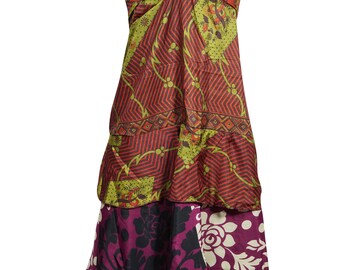 Womens Spaghetti Strap Beach Dress, Purple Red Floral Dress, Layered Boho Recycled Sari Printed Sundress SM