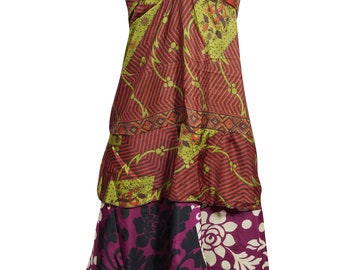 Womens Spaghetti Strap Beach Dress, Purple Red Floral Dress, Layered Boho Recycled Sari Printed Sundress SM
