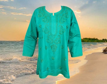 Handmade Indian Kurti, Sea Blue Paisley Hand Emroidered Tunic, Womans Kurti Cotton Tunic Top, Summer Tunic, Hippie Tunic M