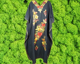 Women Maxi kaftan dress, Travel Maxi Dresses, embroidered cotton Maxi caftan Dress, Jade Black Kaftan Dresses One size L-2XL