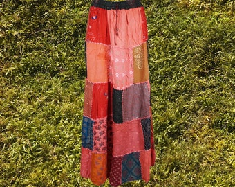 Womens Handmade Boho Patchwork Skirt, Red Maxi Skirts, Ethnic Vintage Long Skirt, Recycle Red Long Skirts S/M/L