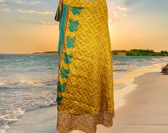 Womens Long Wrap Skirt, "Sweet Supply" BOHO Beach Sari Skirt, Reversible 2 Layer Skirts, Yellow Floral Printed Wrap Skirts One Size
