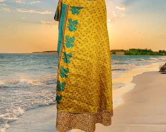 Womens Long Wrap Skirt, "Sweet Supply" BOHO Beach Sari Skirt, Reversible 2 Layer Skirts, Yellow Floral Printed Wrap Skirts One Size