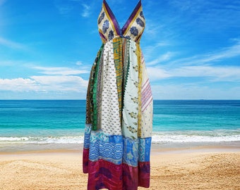 Womens Maxidress, Hawaiaan Sunset Silk Maxi Dress, White Blue Bohemian Dress, Fall Festivals, Holiday Dresses S/M