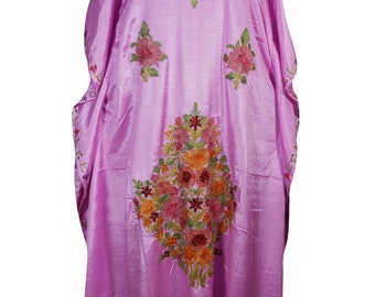 Women's Pink Kaftan Kimono Sleeves Beautiful Floral Embroidered Silk Evening Resort Wear Stylish Lounge Maxi Caftan Dresses L