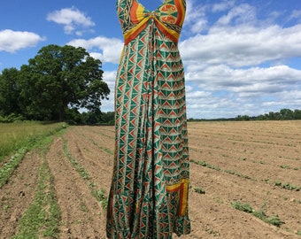 Womens Soft Maxi Dress, Backless Beach Dress, Halter Summer Dress, Green Red Print, Boho Strap Dress, Summer boho long dress, Beach wear S/M