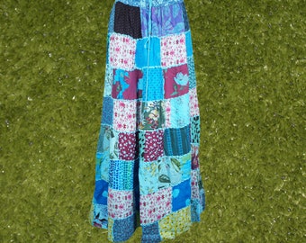 Womens Handmade Boho Blue Patchwork Skirt, Maxi Skirts, Ethnic Vintage Long Skirt, Recycle Long Skirts S/M/L