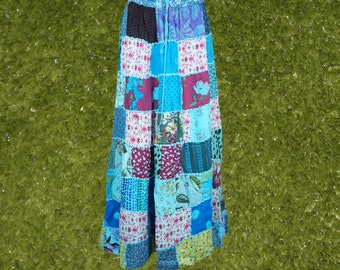 Womens Handmade Boho Blue Patchwork Skirt, Maxi Skirts, Ethnic Vintage Long Skirt, Recycle Long Skirts S/M/L