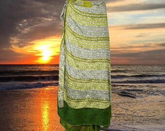 Wrap Long Skirt, Green Printed Silk sari wrap skirt, Beach Skirt, Bohemian Skirt, Sari Wrap Skirt, Wrap Skirt for Women, One size