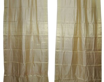 2 Beige Sari Curtains Rod Pocket brocade Curtain Panels Boho Indi Gypsy Home Decor Interiors 96 inch