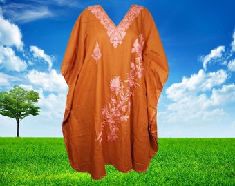 Womens Cruise Caftan, Kaftan Midi Dress, Hand Embellished Orange Floral Kaftan, Bohemian Loose Dresses One Size L-4XL