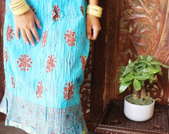 Womens Summer Skirt, Blue Printed Indi Boho Skirt, Bohemian Cotton Beach Skirt, Crinkled Skirts S