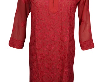 Bohemian Womens Red Long Tunic Beautiful Floral Embroidered Georgette Bikini Cover Up Beach Wear Summer Kaftan Dress S