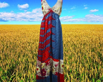 Womens Maxidress, FREEDOM Recycled Silk Dress, DEEP V Boho Hippy Stylish Holidays, Summer Travel Maxi Dress S/M