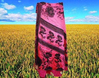 Womens Wrap Long Skirt, Beach Cover Up, Pink Printed Two Layer Silk Sari Skirts, Magic Wrap Around Skirts One size