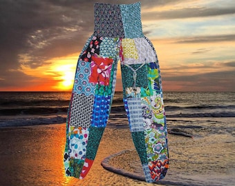Women Gypsy Pants, Blue Hadmade Recycle Cotton Pant, Travel Patchwork Yoga Trousers, Funky Hippy Pants S/M