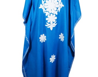 Women's Kaftan Maxi Dress, Royal Blue Beach holidays, Lounger, Cotton Embroidered Handmade Caftans, L-2XL, One Size