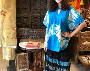 Boho kaftan, Tunic, BLUE Blouse, Tie Dye Cover Up Top Gypsy Summer Loose Comfy Beach Kaftan Coachella 2X