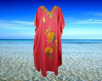 Womens Kaftan Maxi Dress, Loose Beach Maxi Dress, Pink Floral Embroidered Dresses, Resort Wear Caftan, Cotton Kaftan Dress One size L-2XL