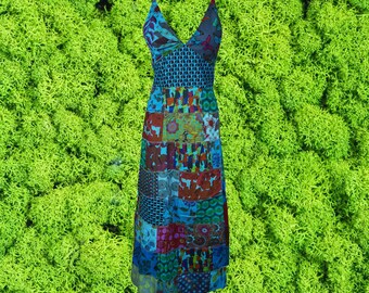 Womens Patchwork Maxi Festival Dress, Cotton Handmade Boho, Handmade Blue Printed Long Dresses, Bohemian Fashion S/M