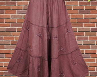 Cinnamon Brown maxi Skirt, Boho Flare Embroidered Long Skirts, Elastic Waist Skirt, Handmade Skirts S/M/L