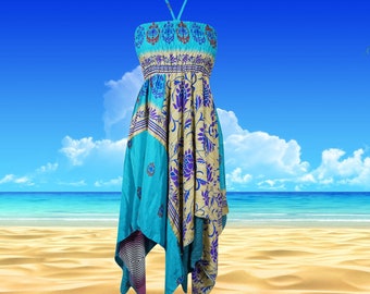 Womens Summer Travel Dresses, Printed Blue Recycled Silk Dress, Boho Beach Dress, Halter Dresses S/M